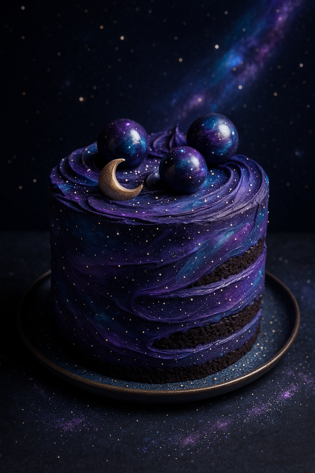 A layered cake floating in space