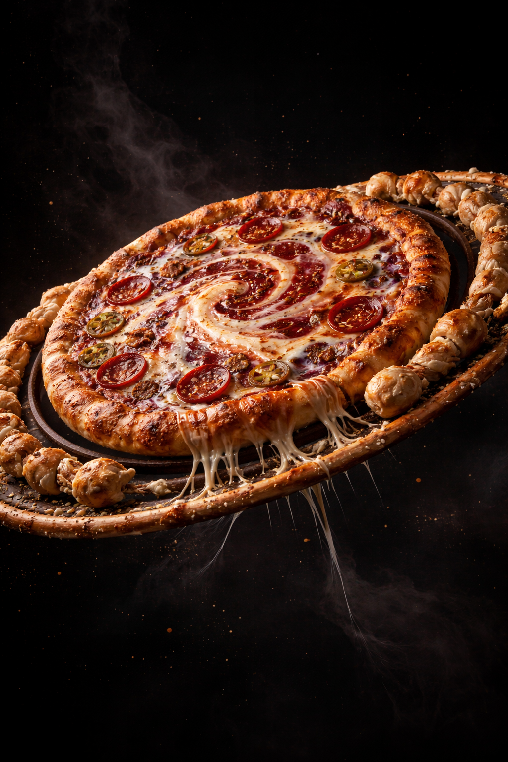 A planet with rings made of pizza slices