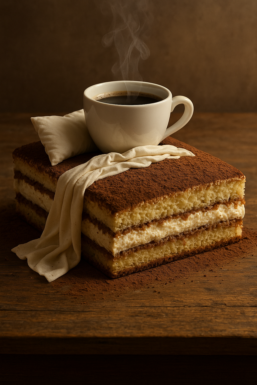 A bed made of tiramisu layers